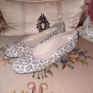 Könnte beinhalten: Ein Paar flache Ballerinas mit einem Leopardenmuster in Grau- und Beigetönen. Die Schuhe sind aus weichem Material gefertigt und haben eine runde Spitze. Die Schuhe werden auf einer Oberfläche mit floralem Muster präsentiert.