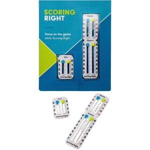 May include: A blue and white game scoring set with the text "SCORING RIGHT". The set includes scoring cards for points, games, and sets. Each card has a sliding marker to track the score. The text "Focus on the game while Scoring Right" is also visible.