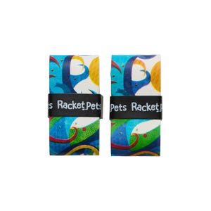 May include: Two colorful racket grips with a vibrant abstract design in blue, yellow, and green. The grips are held together by a black band that reads "Pets Racket". The grips are designed for sports equipment.