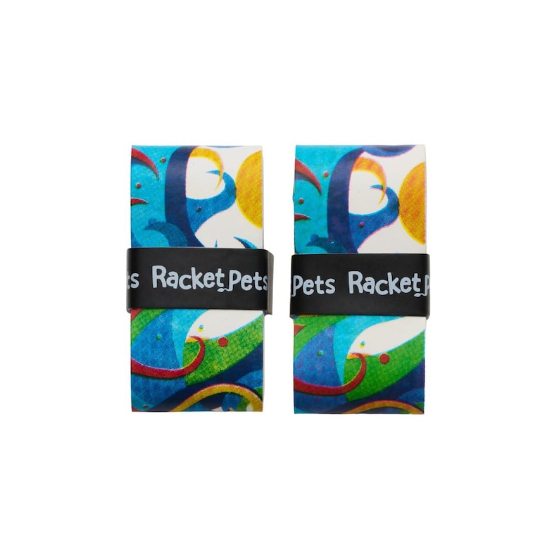 May include: Two colorful racket grips with a vibrant abstract design in blue, yellow, and green. The grips are held together by a black band that reads "Pets Racket". The grips are designed for sports equipment.