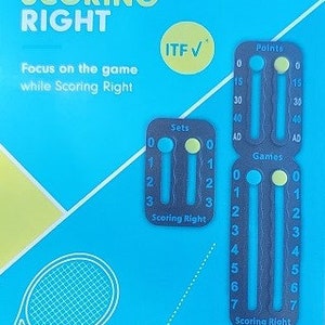 May include: A blue and yellow scoring device for tennis, with the text "Scoring Right" and "ITF V". The device has three dials for sets, games, and points.