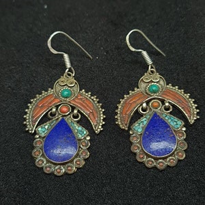 Nepali Jewelry Handmade Vintage Beautiful Lapis Lazuli Turquoise Coral Stone Brass Earings