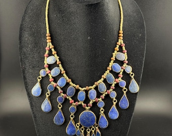 Collar vintage de lapislázuli afgano, joyería con cuentas de plata alemana