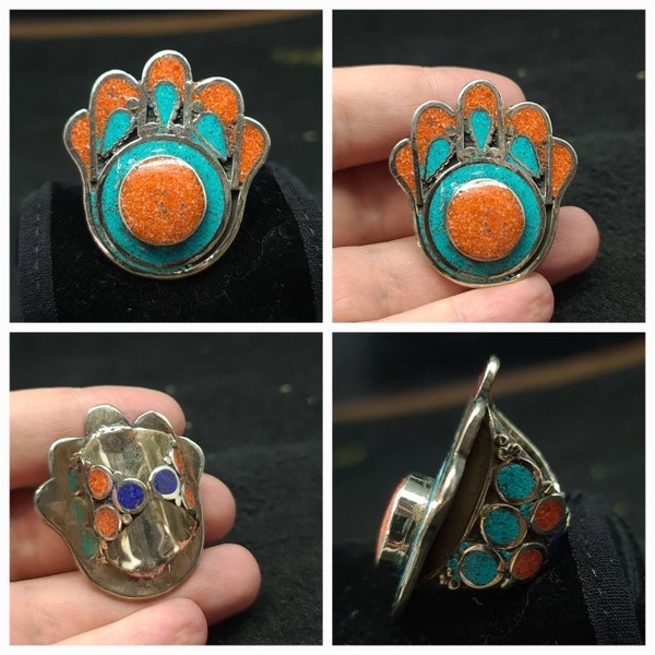 Tibeten Vintage Beautiful Ethnic Adjustable Brass Fatima Hand Ring Turquoise Coral Stone Inlay