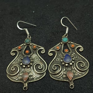 Nepali Jewelry Handmade Vintage Beautiful Lapis Lazuli Turquoise Coral Stone Brass Earings