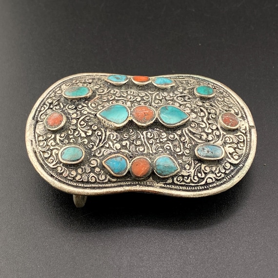 Turquoise & Coral Filigree Belt Buckle: Vintage Silver Tone  display picture 2