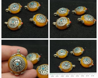 Nepali Jewelry 4 Beautiful Copal Amber Silver Plated Pendants With Turquoise And Coral Inlay Stone
