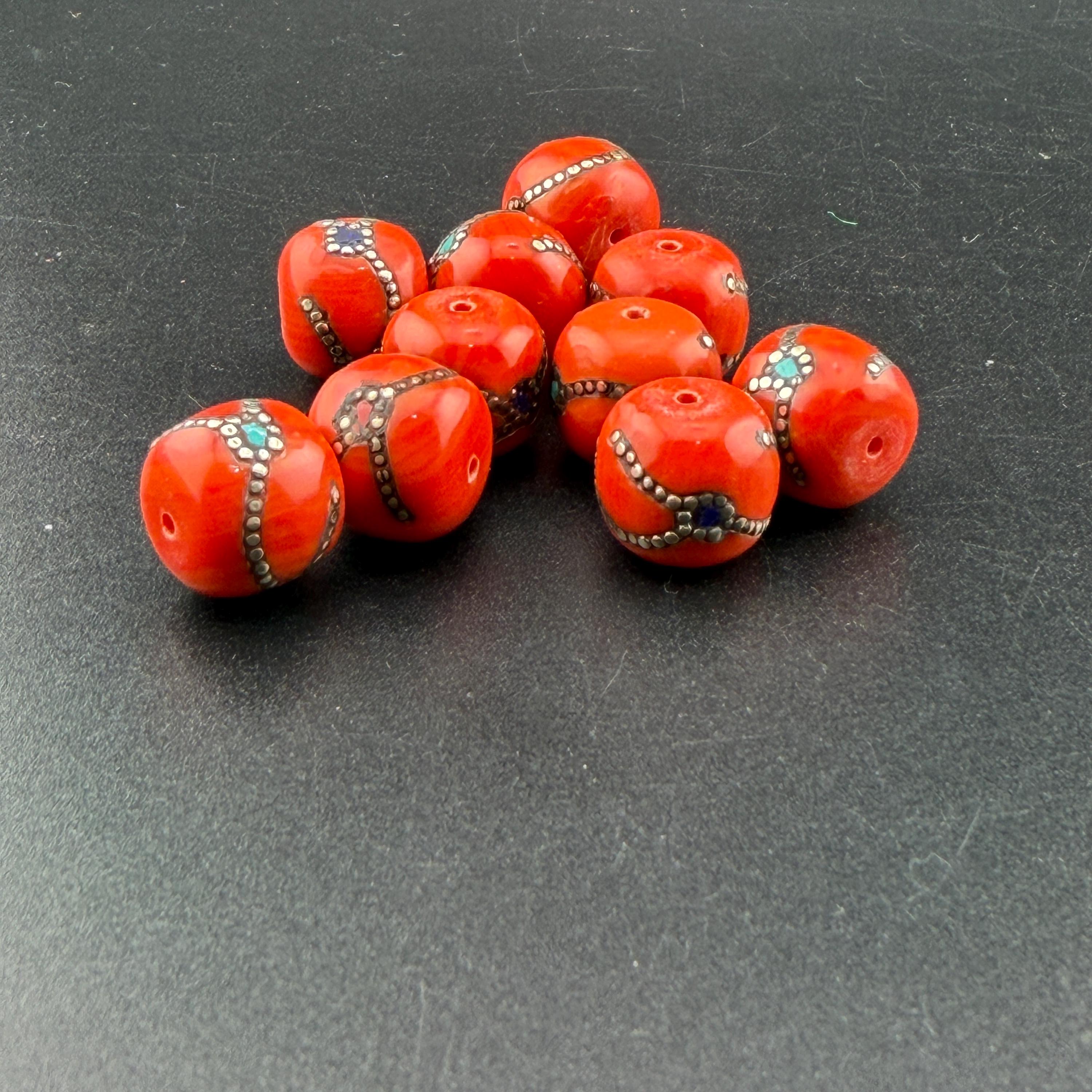 7 Tibetan Ethnic Handmade Red Coral Beads With Turquoise Lapis