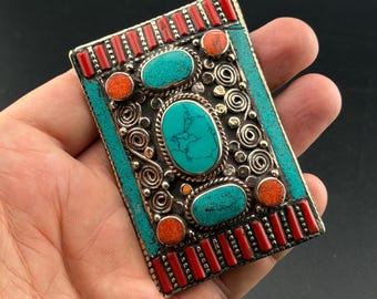 Vintage Tibetan Silver Belt Buckle: Turquoise & Coral Boho Adornment