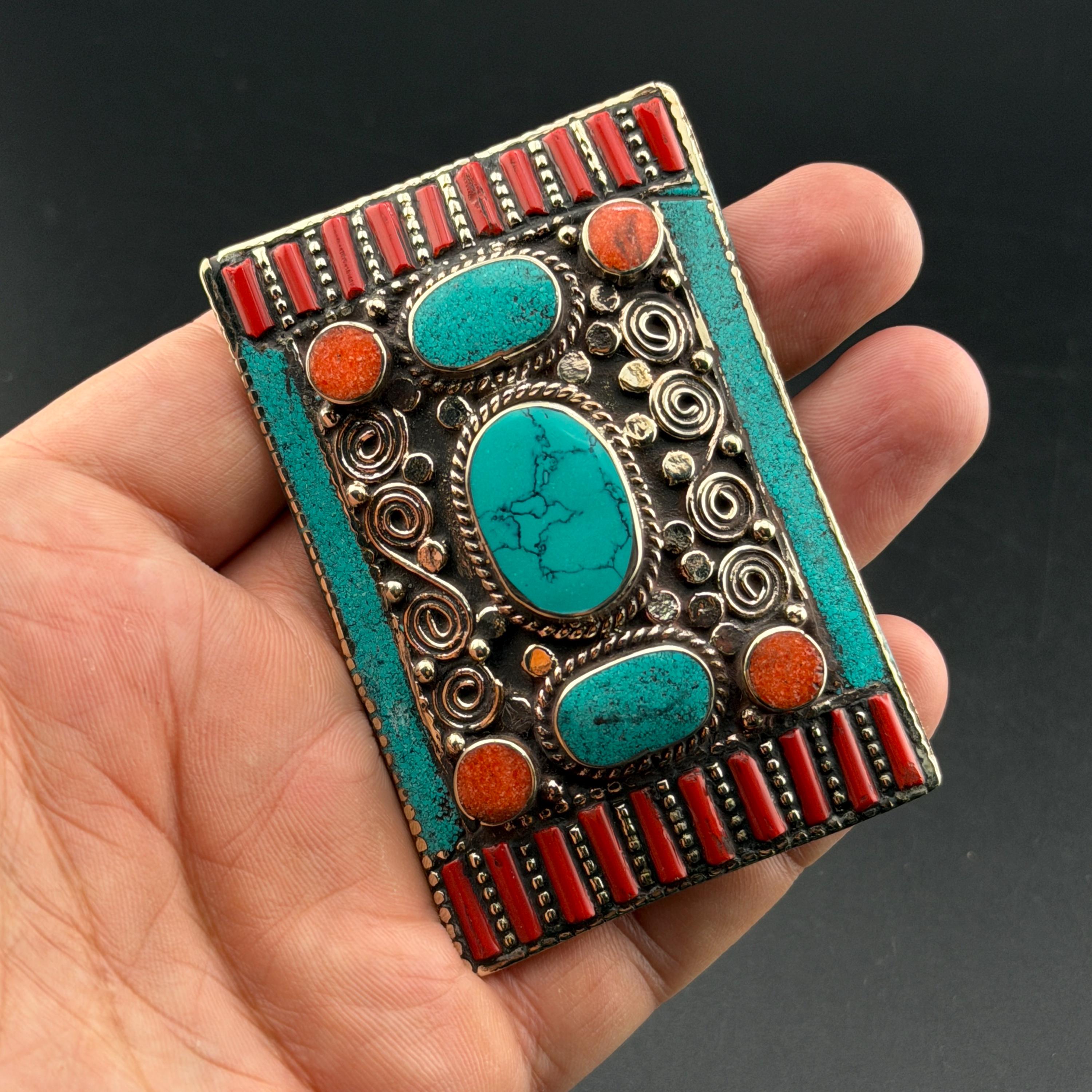 Vintage Tibetan Silver Belt Buckle: Turquoise & Coral Boho 