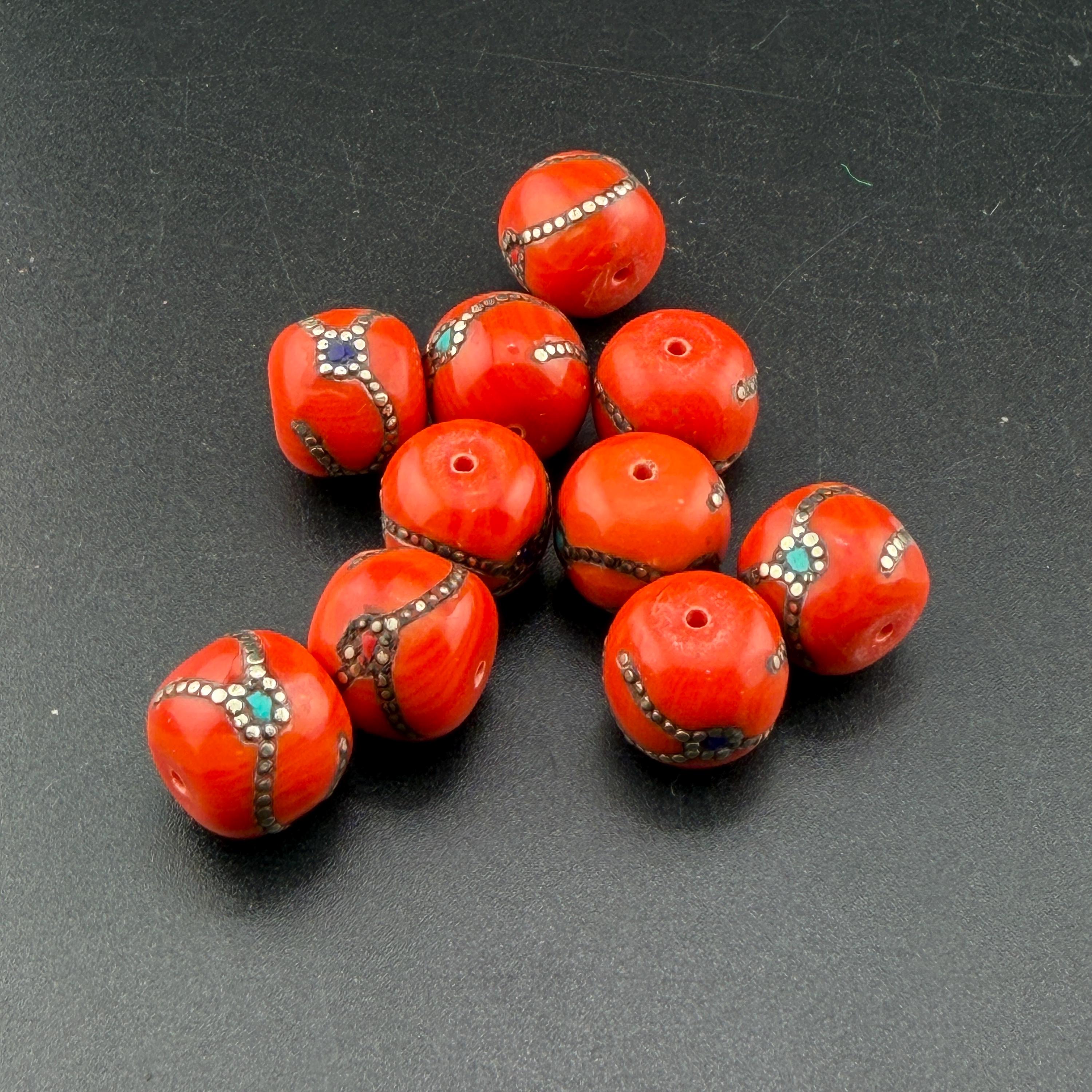 7 Tibetan Ethnic Handmade Red Coral Beads With Turquoise Lapis
