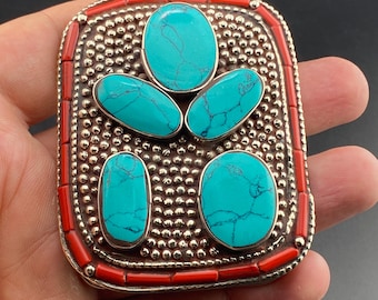 Vintage Tibetan Style Belt Buckle Circular Silver Tone Coral Blue Lightweight Vintage Tibetan Silver Belt Buckle: Turquoise & Coral Boho  main image 4