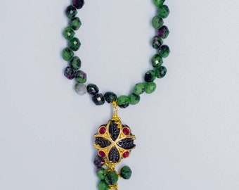 Natural Onion Shaped Ruby Zoisite Necklace With Baroke Pearl And oxidise Metal Bead Tassel.
