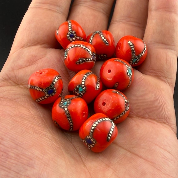 7 Tibetan Ethnic Handmade Red Coral Beads With Turquoise Lapis