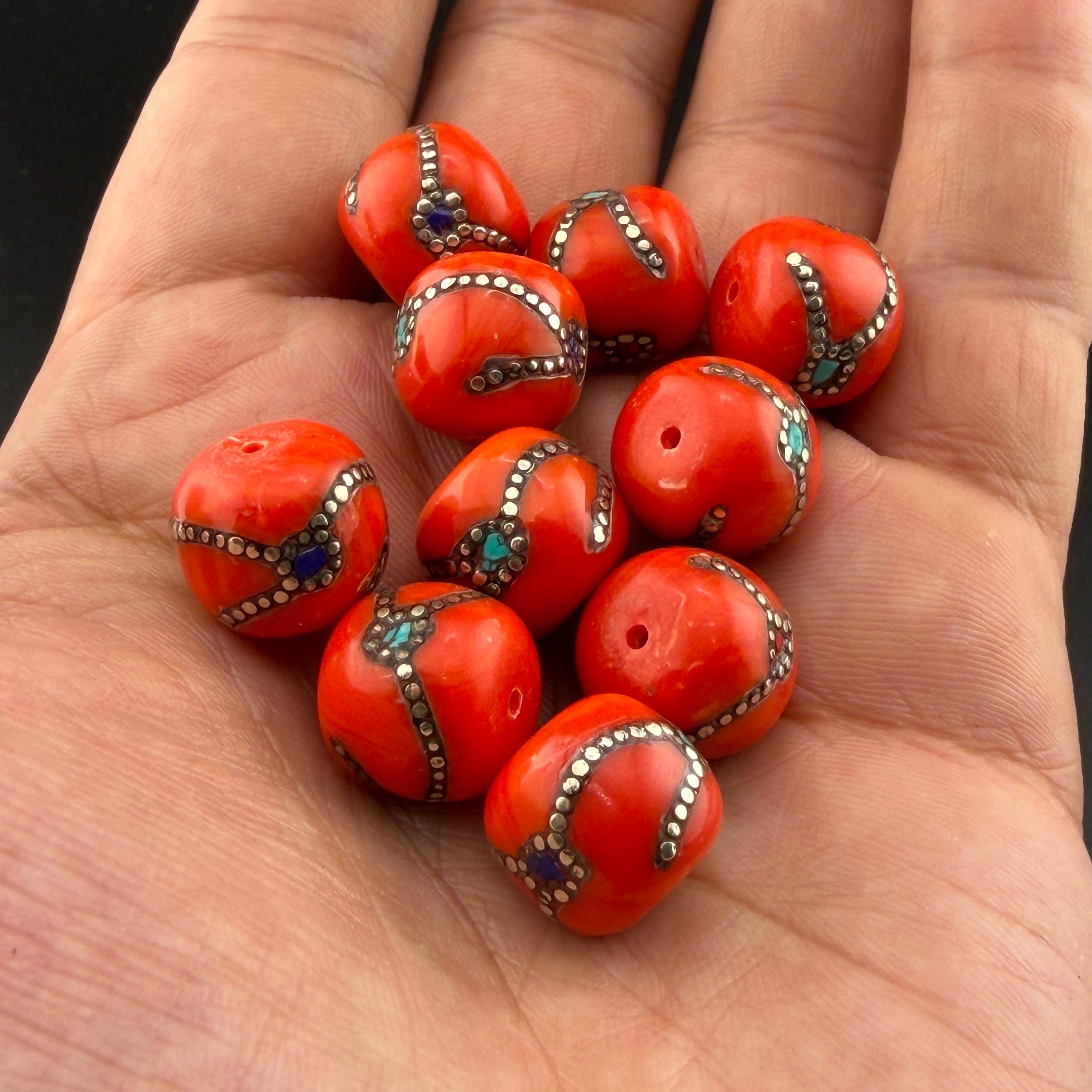 7 Tibetan Ethnic Handmade Red Coral Beads With Turquoise Lapis