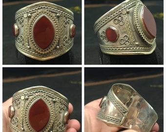 Afghan Jewelry Beautiful Natural Carnelian Huge Stone Brass Adjustable Bangle Rare Vintage Bangle