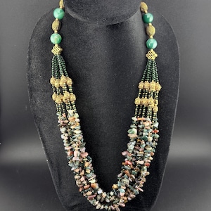 Vintage Ethnic Multi-Strand Gemstone Chip & Green Agate Statement Necklace