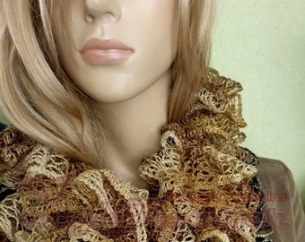 Ruffle scarf V1-04 with tassels, glittering gradient in golden tones