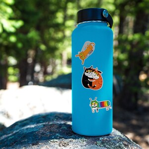 Op de afbeelding: Een turquoise waterfles met een zwarte dop en drie kleurrijke stickers. De stickers tonen cartoonkatten en een rups met een regenboogstreepontwerp. De fles staat op een rots.