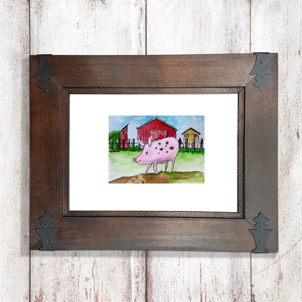 ACEO Original Art, 5x7 Ivory Matt, Pink Pig on Farm, Red Barn, Fun, Cute Farm Animal Portrait, Tiny, Miniature, ATC, Pink Art Small Art
