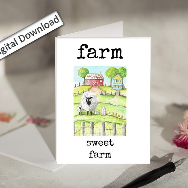 4x6 New HOME Card, Farm Sweet Farm, Card Download, Cute Barnyard Animals Art Print, House Warming Card, Country Life, Farm Life, Farm Fresh