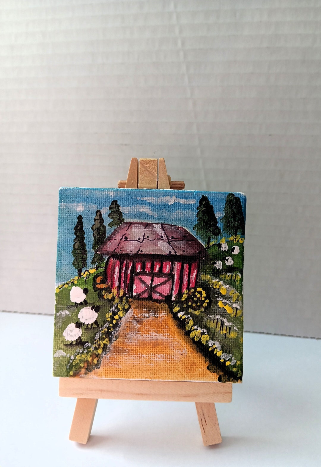 Mini Original Drawing ACRYLIC Tiny Painting With Easel, ORIGINAL, Red Barn, Sheep Art ...