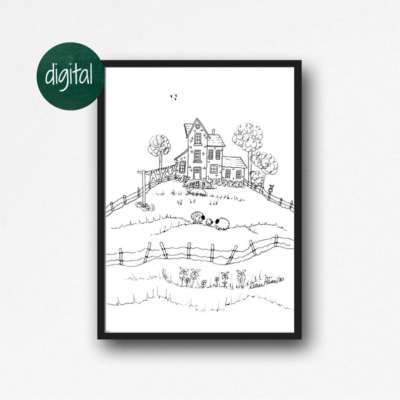 5x7 Line Drawing Farmhouse Printable Black and White | Etsy