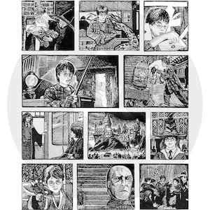 May include: A black and white comic book style illustration of scenes from the Harry Potter series. The illustration includes scenes of Harry Potter meeting Hagrid, Harry Potter at Hogwarts, Harry Potter with a wand, and Harry Potter with a scar on his forehead.