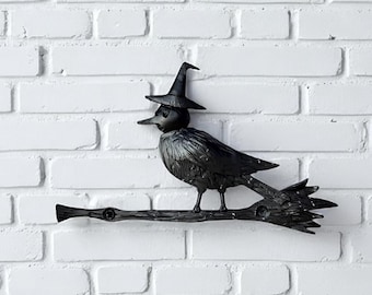 Whimsigoth Witch Bird on Broom, Hand-Forged Halloween Wall Decor, Gothic Metal Art for Door or Fireplace