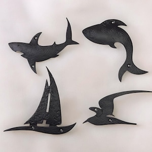 Wrought Iron Nautical Wall Decor, Hand-Forged Shark, Fish, Sailboat, Bird, Ocean Theme Metal Art, Coastal Home Wall Sculpture