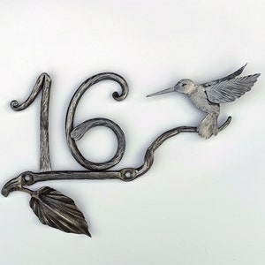 Custom house number with hummingbird on a branch, Metal personalized number plaque, floral front door decals address plaque, outdoor