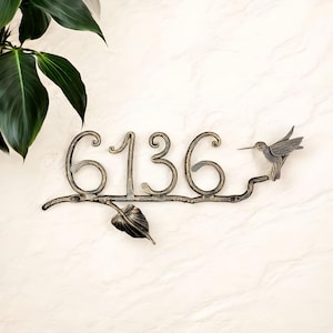 Custom house number with hummingbird on a branch, Metal personalized number plaque, floral front door decals address plaque, outdoor