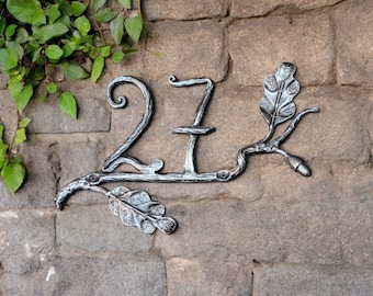 House Number Sign, Personalized Address Sign, Rustic House Number oak and accorn, Metal Front Door Decals Address Plaque Outdoor