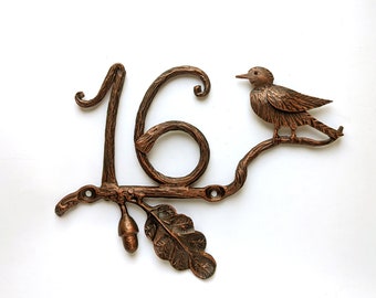 House number with bird and oak leaf, personalized number plaque, Metal house numbers, floral front door decals address plaque outdoor