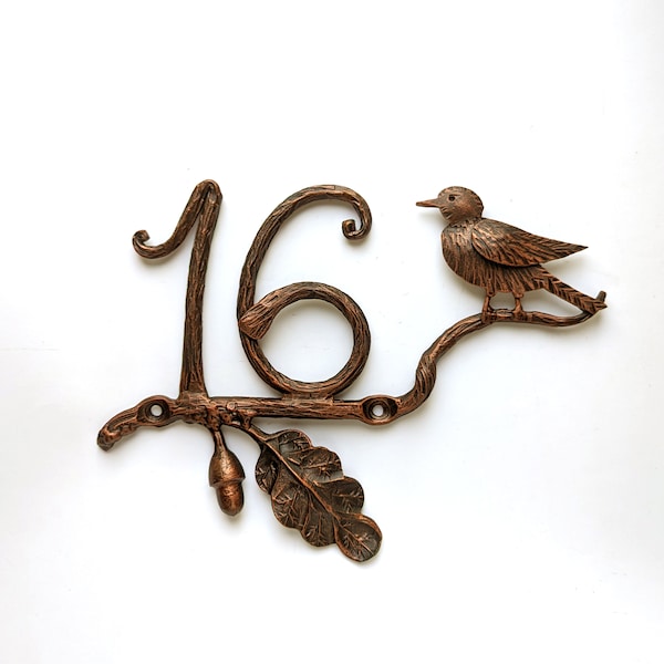 House number with bird and oak leaf, personalized number plaque, Metal house numbers, floral front door decals address plaque outdoor