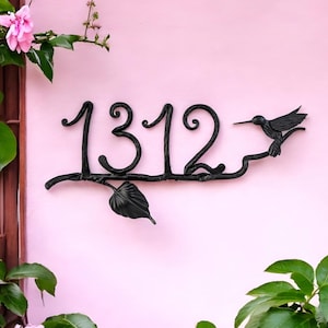 Custom house number with hummingbird on a branch, Metal personalized number plaque, floral front door decals address plaque, outdoor