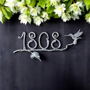 Custom Address Signs with hummingbird on a branch, Metal personalized number plaque, floral front door decals address plaque, outdoor