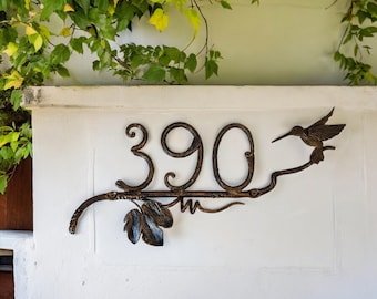 Custom house number with hummingbird on a grape branch, porch decor, floral front door decals address plaque, outdoor