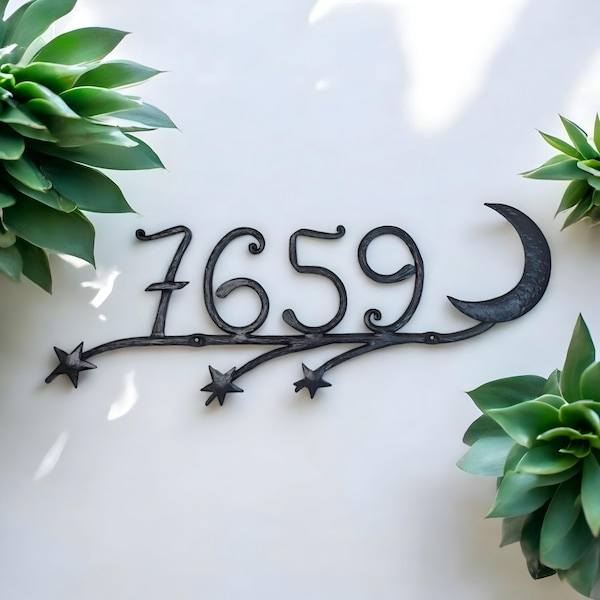 Hand Forged Metal House Number Sign: Moon and Stars Address Plaque