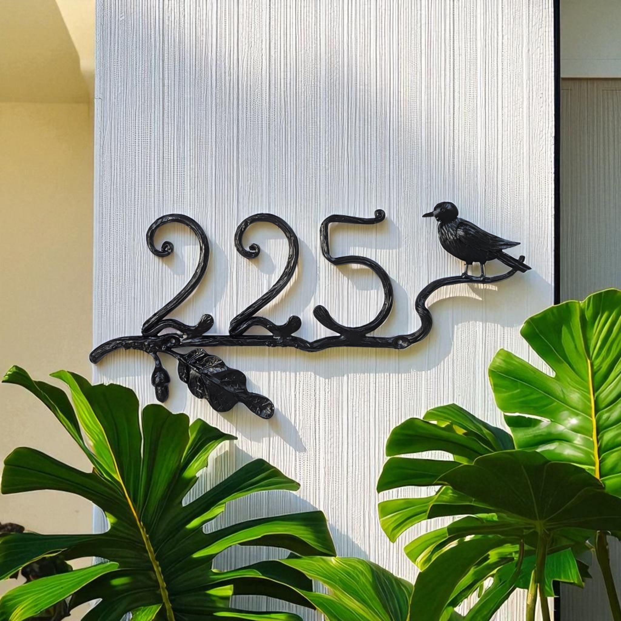 Custom Address Signs with bird and oak leaf, personalized number plaque, hand forged Metal house numbers, botanical front door porch decor