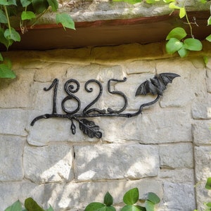 House number with bat on oak branch, personalized number plaque, Custom Metal house numbers, goth front door decals address plaque outdoor