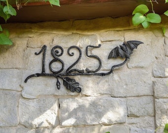 House number with bat on oak branch, personalized number plaque, Custom Metal house numbers, goth front door decals address plaque outdoor