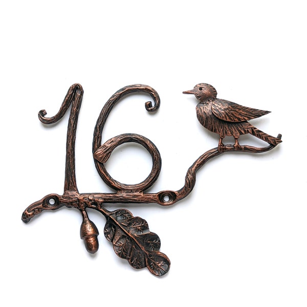 Wrought Iron House Number, Oak Leaf and Bird, Custom Metal Sign