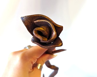 Hand Forged Iron Rose: Copper Patina Metal Flower, 13 inch