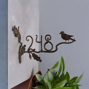 Custom house number with bird and oak leaf, personalized number plaque, Metal house numbers, floral Side-mounted