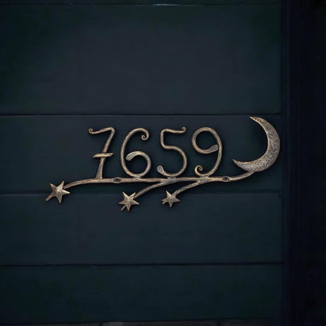 Hand-Forged Celestial House Number Sign – Custom Metal Address Decor - Bronze, 4 numbers on branch