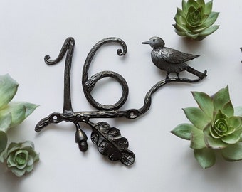 Custom house number with bird and oak leaf, personalized number plaque, Metal house numbers, floral front door decals address plaque outdoor