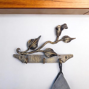 Forged Wall Hook with Rose – Rustic Hand-Forged 3 Hook Hanger for Towels, Keys, or Entryway