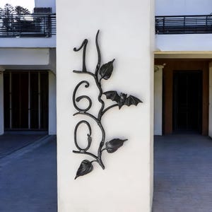 Vertical Iron House Number Sign with Bat & tropical leaves, Custom Gothic Address Plaque, Outdoor Forged Metal Numbers, Rustic Wall Decor