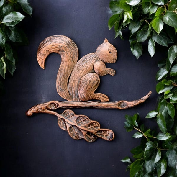 Wrought Iron Squirrel on Oak Branch - Rustic Garden Wall Art